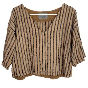 Tonle Veha Relaxed V Neck Top Recycled Sustainable Fabric Boxy Fit Tan Medium